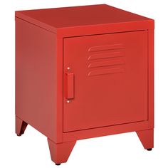 a red metal cabinet with one door open