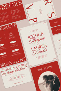 the wedding stationery is laid out on top of each other, with red and white lettering