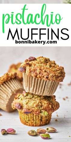 two muffins stacked on top of each other with the words, pistachio muffins