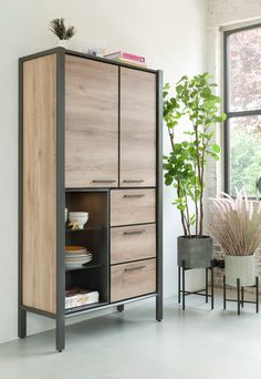 a tall cabinet with drawers and plants in it