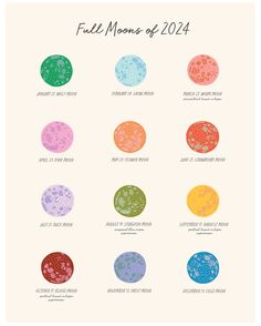 the full moon calendar is shown in different colors and sizes, including red, blue, green