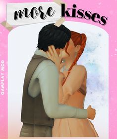 there is a man and woman kissing in front of a pink background with the words more kisses on it