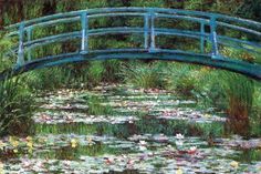 a painting of a bridge over a pond of water lilies