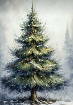 a painting of a pine tree in the snow