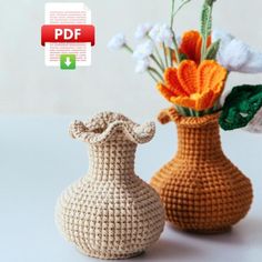 two crocheted vases sitting next to each other with flowers in them on a table