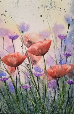 watercolor painting of red poppies and purple daisies with rain drops on them