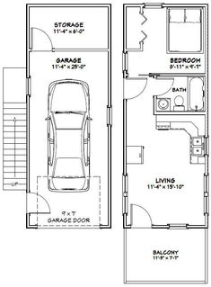 the floor plan for a two story house with an attached garage and living room area