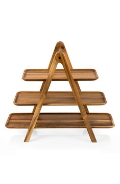 a wooden shelf with three shelves on each side