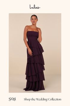 a woman in a purple dress with the words shop the wedding collection on it's side