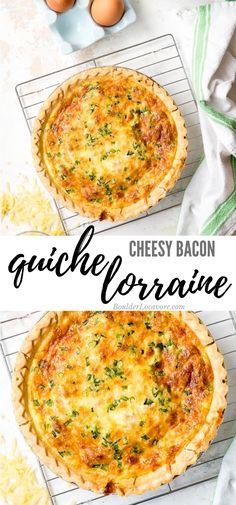 cheesy bacon and broccoli quiche on a cooling rack with eggs