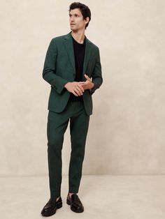 Tailored-Fit Linen-Blend Trouser | Banana Republic Factory Mens Work Suits, Mens Wedding Attire Fall, Mens Fall Cocktail Attire, Mens Cocktail Attire Wedding Guest, Mens Wedding Attire Guest, Mens Cocktail Attire, Dark Green Suit Men, Green Linen Suit, Mens Wedding Guest Outfit