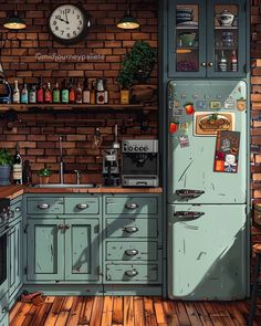 a painting of a kitchen with an old fashioned refrigerator and stove in the center, surrounded by brick walls