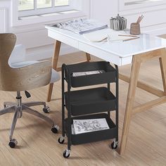 a white desk with three shelves on it