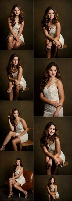 a collage of different images of a woman in white dress sitting on a chair