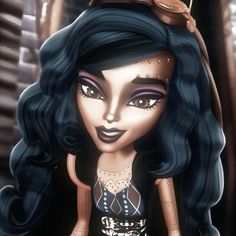 a close up of a cartoon character with black hair and blue eyes wearing a hat