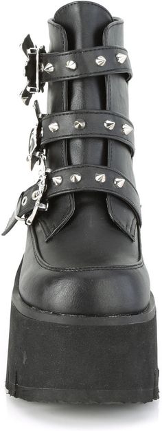 3 1/2" Chunky Heel, 2 1/4" Cut Out Platform Ankle Boot - Fit Guide: True to Size - Heel Height: 3 1/2"Heel, 2 1/4"Platform - Brand: Demonia - Shown in Women's Sizes - Country of Origin: Imported Black Ankle-high Alternative Platform Boots, Gothic Ankle Platform Boots With Metal Feet, Gothic Platform Ankle Boots, Gothic Ankle-high Platform Boots, Black Leather Platform Boots With 4-inch Heel, Black Vegan, Platform Ankle Boots, Chunky Heel, Black Ankle Boots