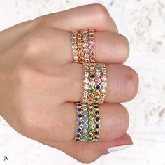 COLOR RINGS | CUBIC ZIRCONIA JEWELRY | VIBRANT COLORS | RING STACKING | RING STACKS | RAINBOW | COLORFUL RINGS | BEZEL SET | BAND RINGS | MIX & MATCH RINGS Stackable Cubic Zirconia Diamond Ring For Promise, Stackable Cubic Zirconia Promise Ring, Stackable Cubic Zirconia Diamond Promise Ring, Adjustable Stackable Crystal Ring With Round Cut, Adjustable Stackable Round Cut Crystal Ring, Stackable Crystal Ring With Cubic Zirconia In Round Cut, Stackable Crystal Ring With Cubic Zirconia, Stacked Round Rings For Anniversary, Adjustable Round Stackable Eternity Band