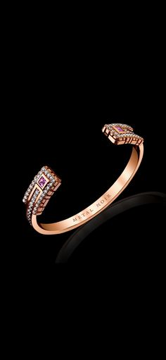 Our Signature Collection Cuff Bracelet in Solid 18K Rose Gold with round brilliant diamonds + Two matching .15 point natural vivid pink sapphires. 3.2 Carats. VS+ Clarity. F+ Color. Luxury Pink Diamond Bracelet For Anniversary, Luxury Pink Sapphire Bracelets, Bracelet With Diamonds, Diamond Cuff Bracelet, Signature Collection, Brilliant Diamond, 2 Carat, Pink Sapphire, 18k Rose Gold