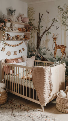 a baby's room with a deer theme on the wall