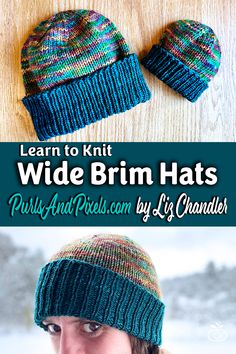 a woman wearing a knitted hat with the words, learn to knit wide brim hats