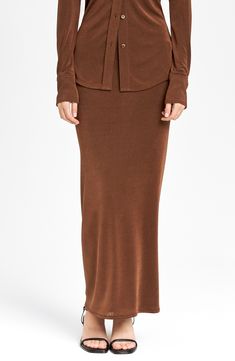 Take skirt day to a longer length with a knit maxi that skims your curves. 95% polyester, 5% elastane Hand wash, dry flat Imported Knit Maxi Skirt, Brown Fits, Fabric Gift Bags, Nordstrom Store, Fabric Gifts, Free Fabric, Print Gifts, Long Length, Maxi Skirt