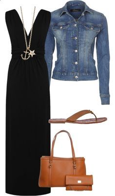 Black maxi dress , jean jacket & brown accessories ---great for everyday or a perfect travel outfit Black Maxi Dress Outfit, Sukienki Maksi, Fancy Fashion, Maxi Dress Outfit, Celine Luggage, Travel Dress, Small Handbag, Lifestyle Tips