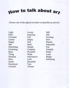 a white sheet with black writing on it that says, how to talk about art choose one of the activities below to describe an artwork