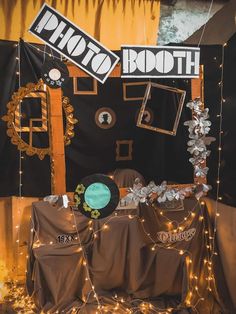 a photo booth set up with lights and decorations