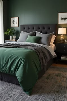 a bed with green sheets and pillows in a bedroom