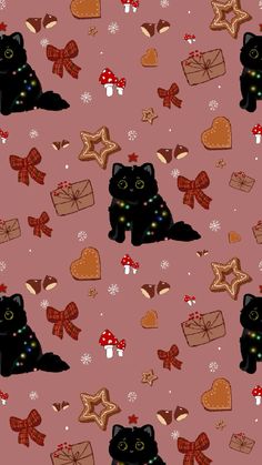 a black cat is sitting next to some christmas presents on a pink background with hearts and stars