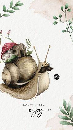 a snail with mushrooms on its back and the words, don't hurry enjoy life