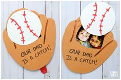 two pictures of baseball mitts with the words our dad is a catch