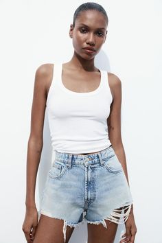 HIGH WAIST RIPPED TRF DENIM SHORTS - Light blue | ZARA United States Chic Ripped Jean Shorts, Ripped Denim Top For Summer, Trendy White Cutoff Tops, Trendy Ripped High Rise Tops, White Cutoff Top For Summer, Chic Cutoff Tops For Summer, Zara Cotton Jean Shorts For Summer, Zara Cotton Jean Shorts, Zara Casual Jean Shorts