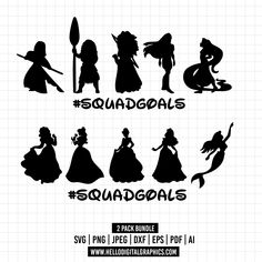 the silhouettes of princesses and mermaids are shown in black on a white background