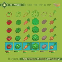 an old - school computer game shows how to make vegetables in the style of pixel art