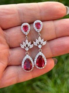 Cubic zirconia and ruby red crystal earrings!  perfect jewellery for weddings, special occasion. Custom colours available earrings are 1,75 inches or 4,5 cm long approx Red Jewellery, Mother Of Bride, Red Jewelry, Wedding Jewelry Earrings, Bridal Jewellery, Lovely Earrings, Red Crystals, Jewelry Wedding, Ruby Red