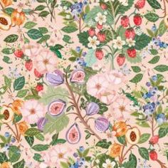 a floral wallpaper with lots of flowers and fruit on it's sides, all in pastel colors