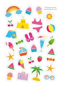 an assortment of colorful stickers on a white background with the words summer written in it