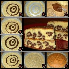 the steps to make a cake with chocolate and white frosting are shown in pictures