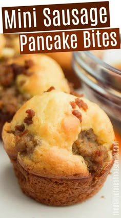 the best mini sausage pancake muffins on a white plate with text overlay