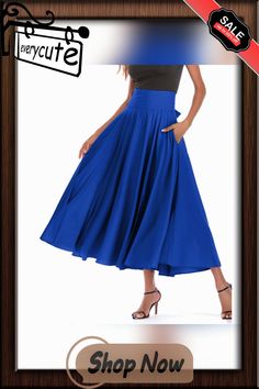 Blue High Waisted Swing A-line Maxi Skirt A-line Pleated Skirt With Pockets, Blue A-line Maxi Skirt With Lining, Chic Blue A-line Maxi Skirt, Blue Fitted A-line Maxi Skirt, Casual Blue A-line Skirt, Solid A-line Bottoms For Party, Blue A-line Bottoms With Pockets, Flowy A-line Maxi Skirt With Pockets, Flowy A-line Maxi Skirt In Solid Color