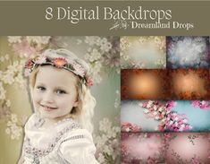 a girl with flowers in her hair is smiling and posing for the camera, surrounded by 8 digital backgrounds