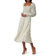 Cream floral chiffon (100% Polyester). Hourglass. Long sleeve. Square neckline. Zipper. Partially lined. 50" from shoulder to hemline. Imported. Rent Dresses, Black Floral Maxi Dress, Tie Maxi Dress, Tent Dress, Column Dress, Holiday Party Dresses, Silky Dress, Bodycon Maxi Dresses, Rent The Runway