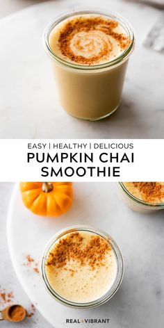 pumpkin chai smoothie with cinnamon sprinkles on top and the recipe below