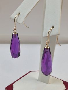 "SOLID 14KT YELLOW GOLD DANGLE EARRINGS NATURAL AMETHYST IS 8x20 mm EACH (20.00 Tcw) EARRING LENGTH IS 1.25\" INCHES WITH GIFT BOX" Classic Faceted Yellow Gold Earrings, Classic Faceted 14k Gold Earrings, Faceted 14k Gold Earrings For Formal Occasions, 14k Gold Faceted Earrings For Formal Occasions, Classic 14k Gold Faceted Earrings, Formal 14k Gold Faceted Earrings, Classic Drop Jewelry With Faceted Details, 14k Gold Drop Earrings With Faceted Detail, Classic Faceted Drop Jewelry