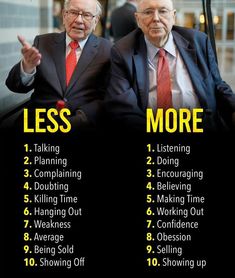 two men in suits sitting next to each other with the words less more on them