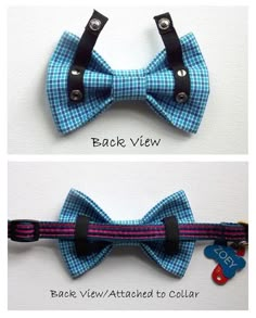 two pictures of the same bow tie on different types of clothes and ties, each with an individual's name tag