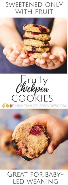 a person holding a cookie in their hands with the words fruity chickpa cookies on it