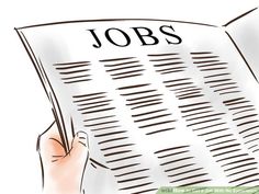 a person holding a newspaper with the word jobs written on it and pointing at it