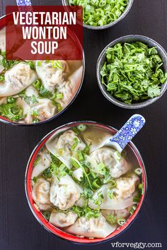 three bowls of vegetable wonton soup with broccoli in the background and text overlay that reads vegetarian wonton soup